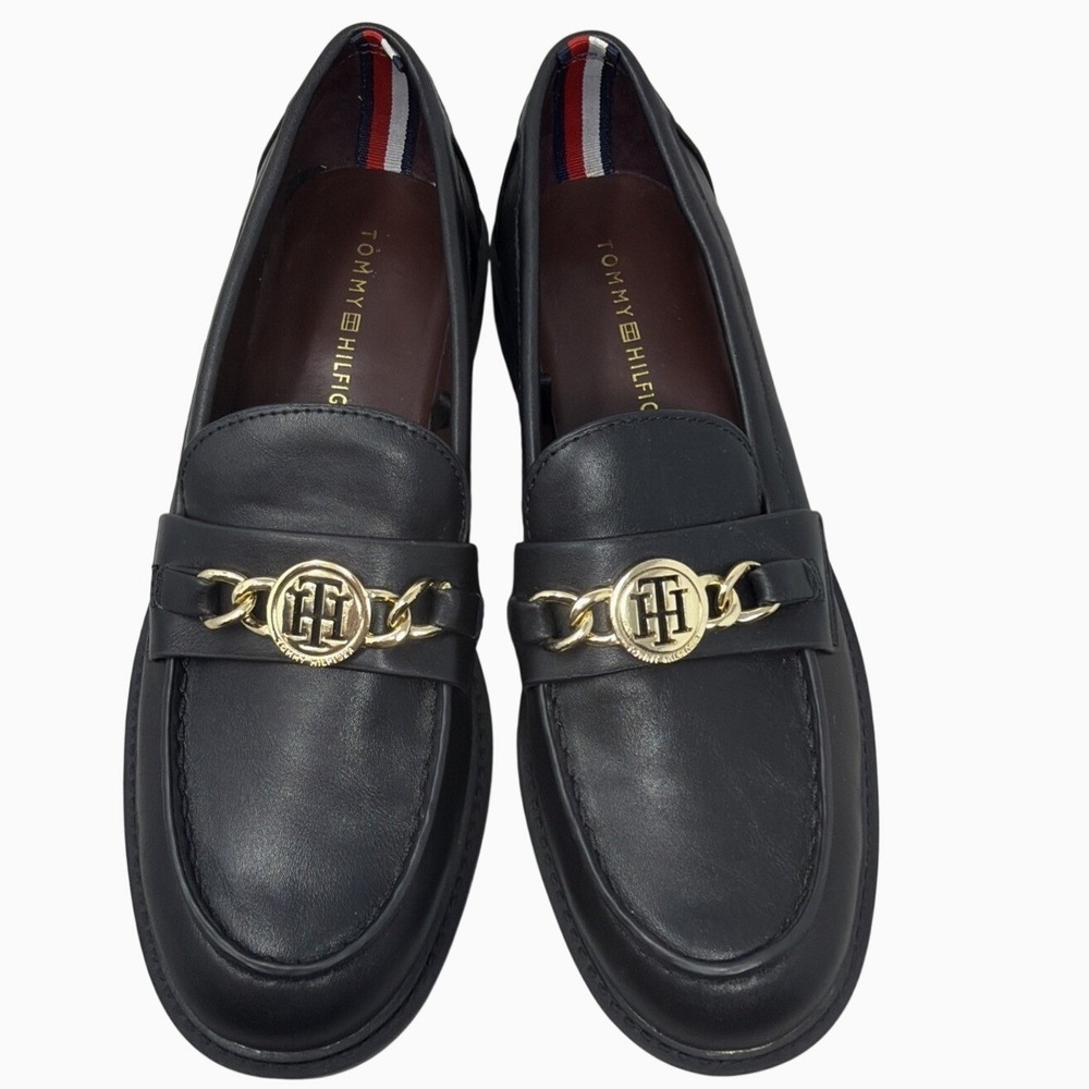 Tommy‎ Hilfiger Black Gold Chain Loafers Size 8M